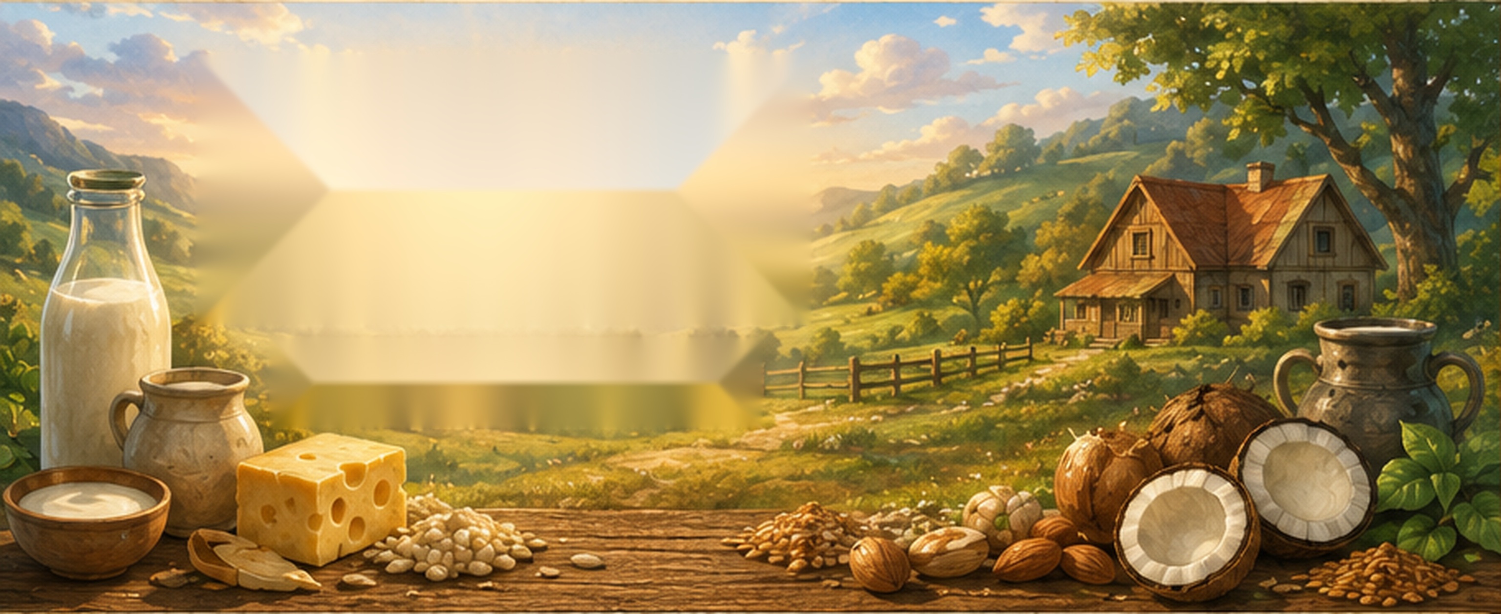 Warm illustrated countryside with rolling hills, farmhouse, milk vessels, cheese, coconuts, nuts, and grains